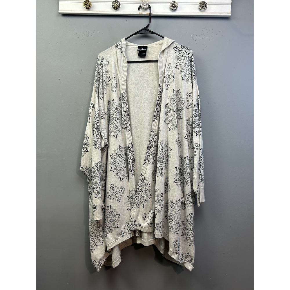Harry Potter Cardigan Womens Small Gray Mandala Hood Open Front Wrap 100% Cotton